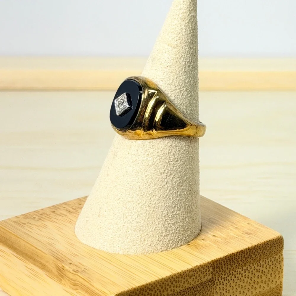 Vintage Classic Karatclad Black Onyx Diamond Signet Ring Heavy Gold EP Size 8
